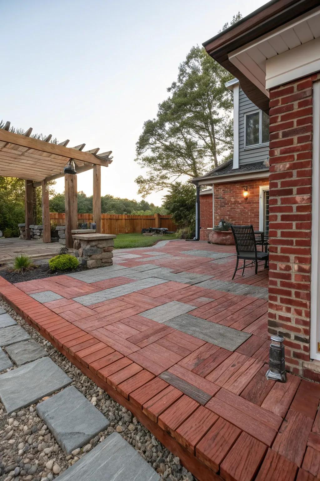 A red brick patio displaying blended material accents