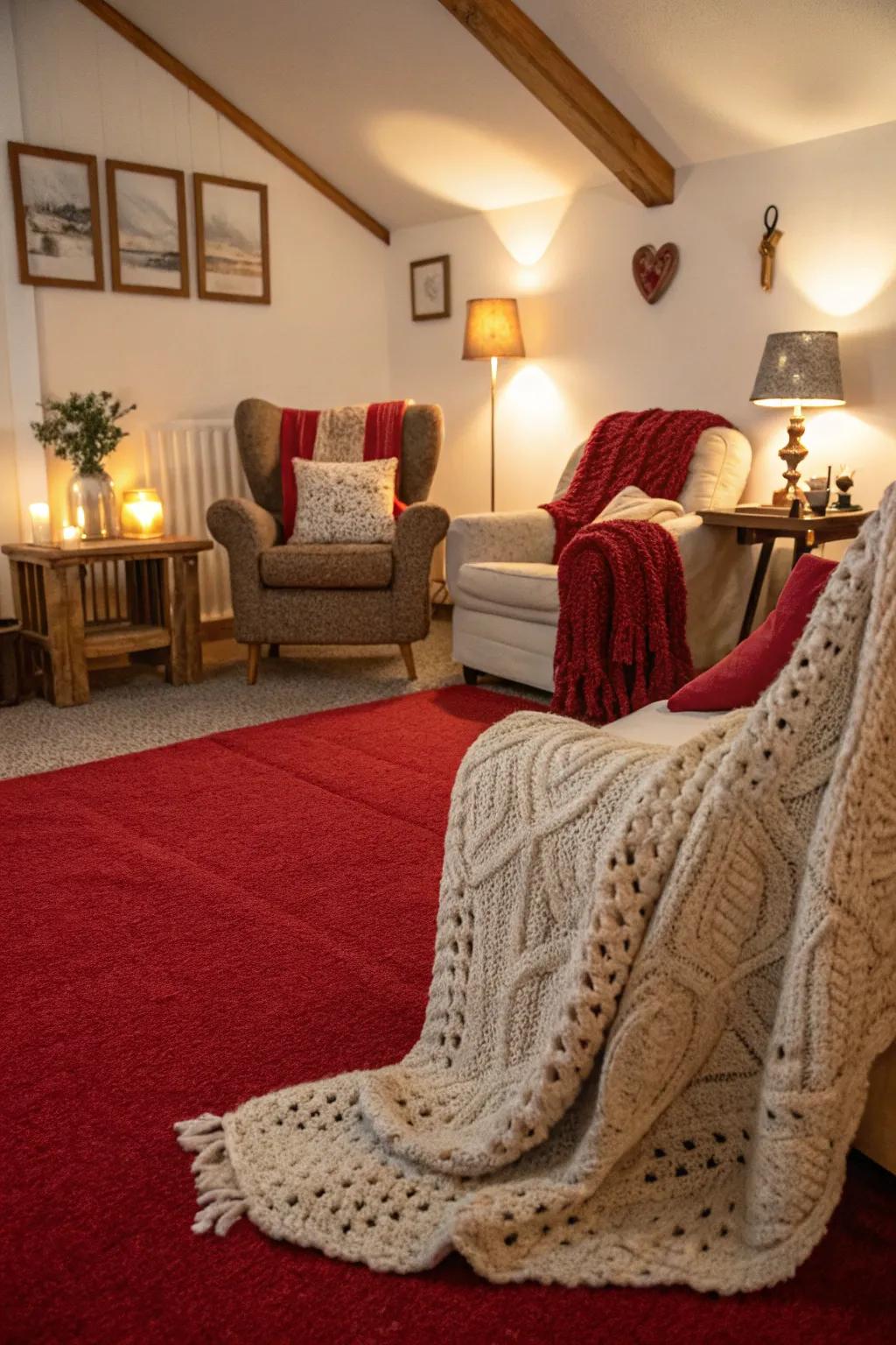A snug lounge radiating warmth through a scarlet floor covering and gentle textures.