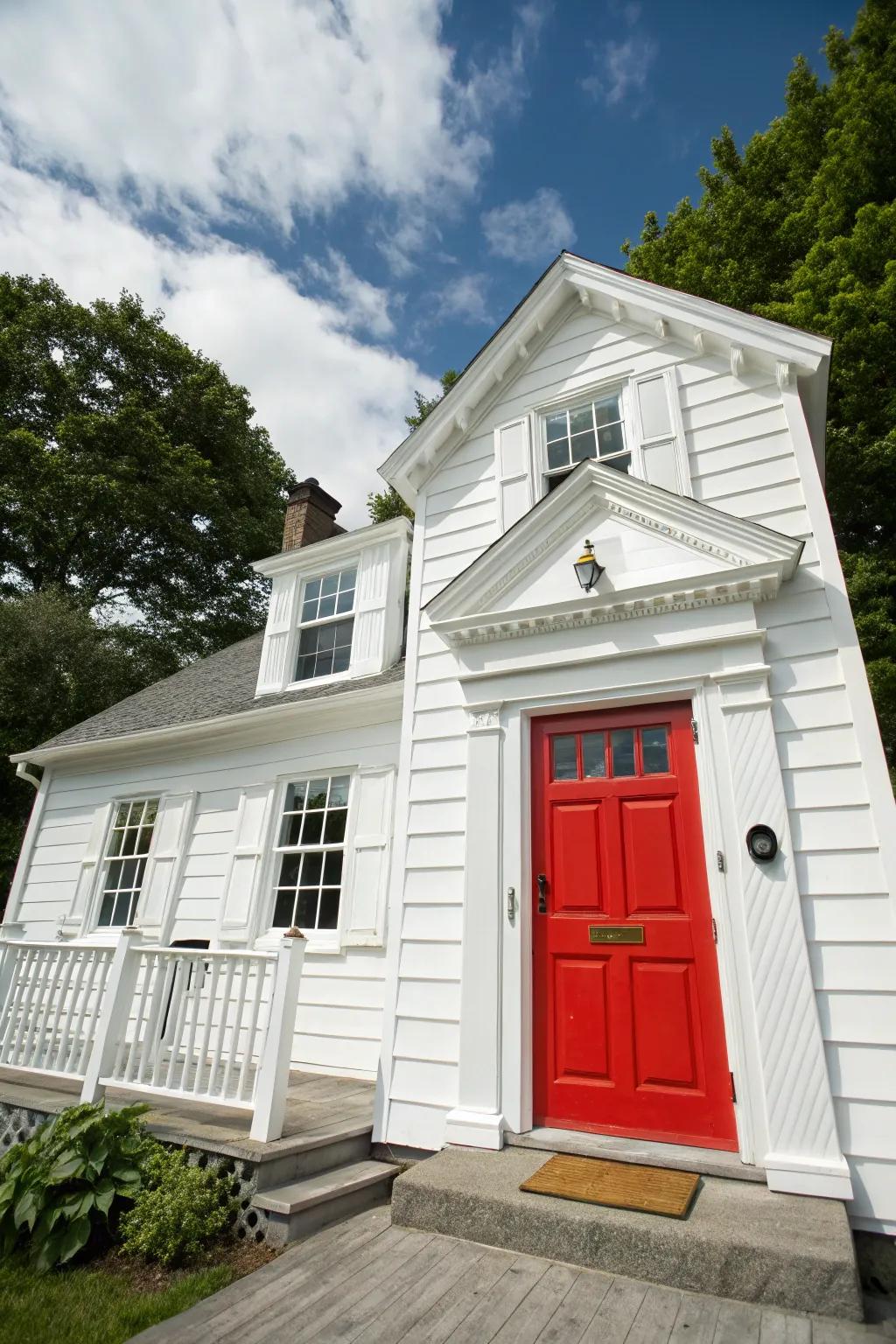 White residence featuring a striking red entrance, making a strong visual impression.