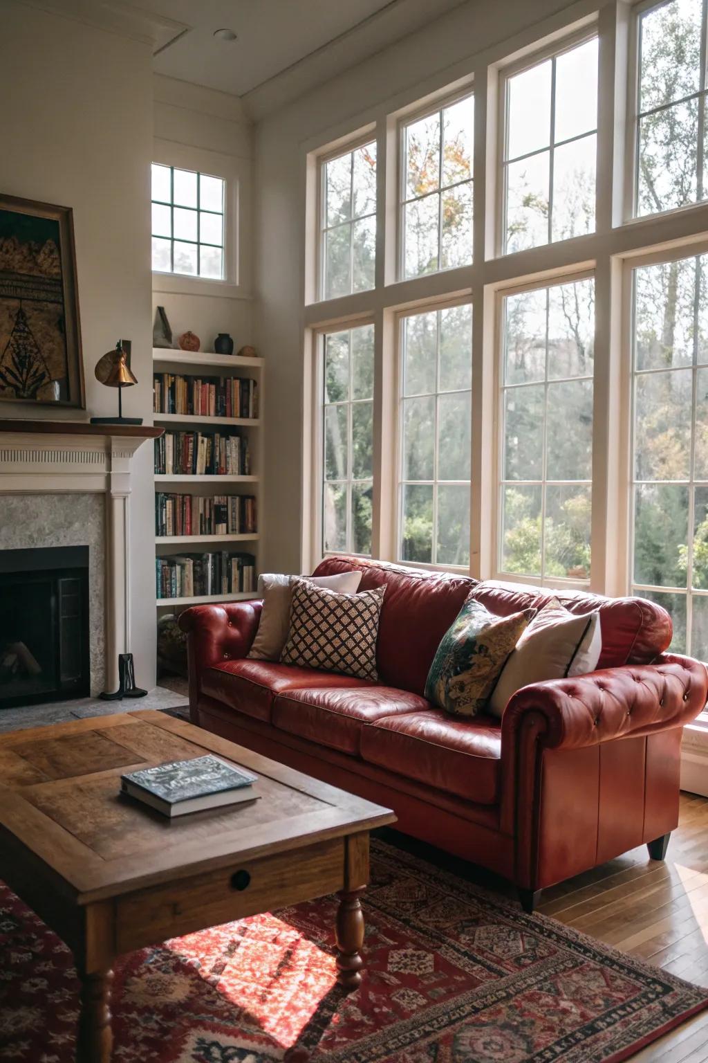 Sunlight can magnificently emphasize the hue and texture of a scarlet hide settee.