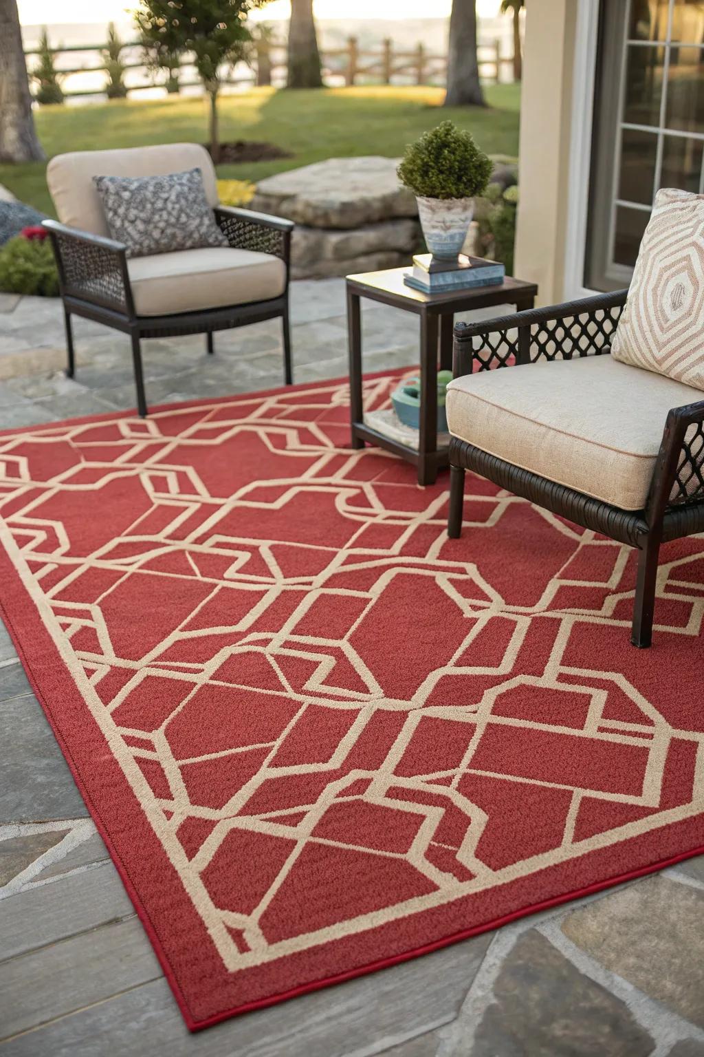 A geometric scarlet carpet harmonizes the patio space.