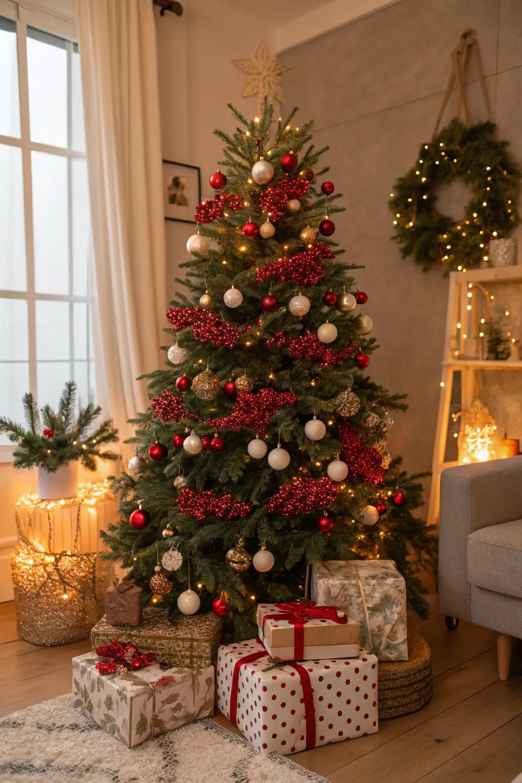 Red berry sprigs bring a natural element to the festive tree.
