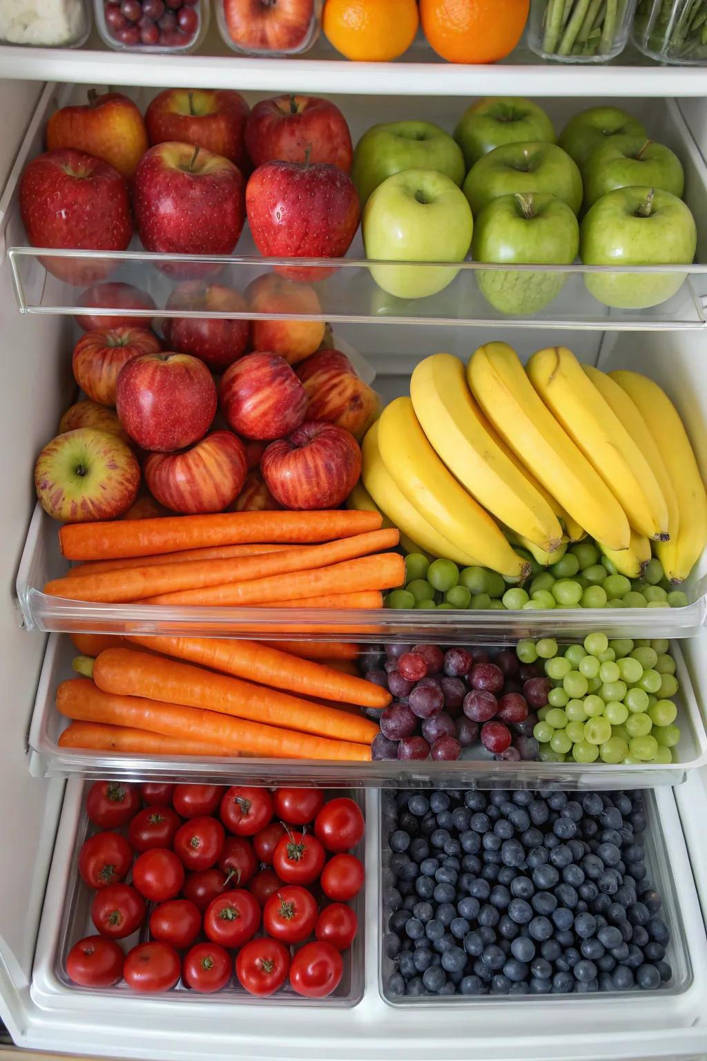 Color-based arrangement brings visual harmony to your refrigerator.