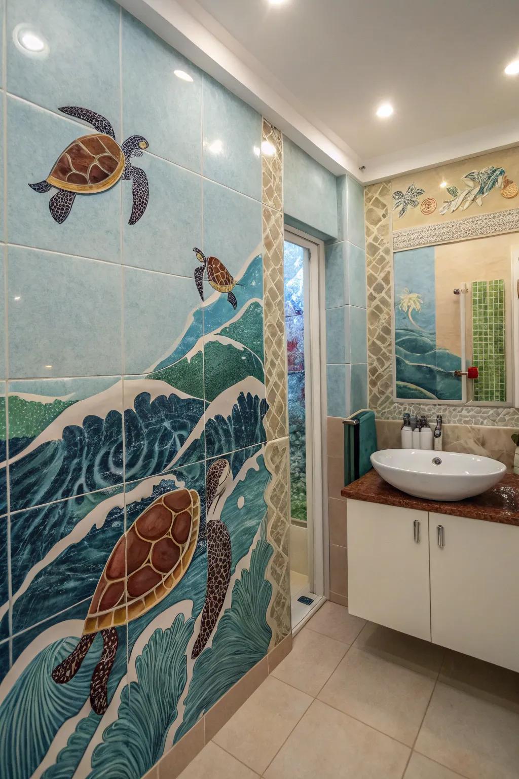 Marine-themed tiles deliver a serene, beachy atmosphere to the washroom.