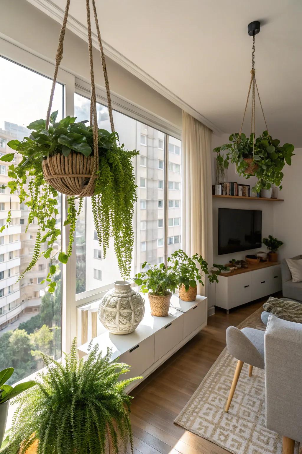 Suspended plants add a fresh touch to any space.