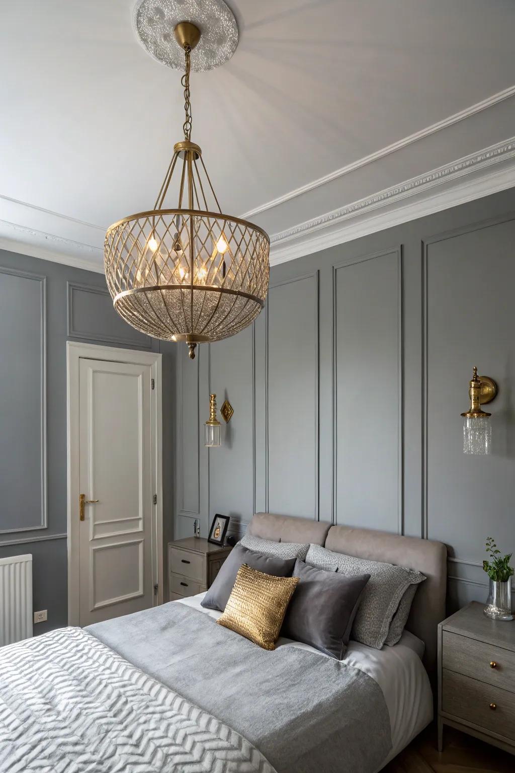 Soft lighting amplifies the peaceful ambiance of a repose gray bedroom.