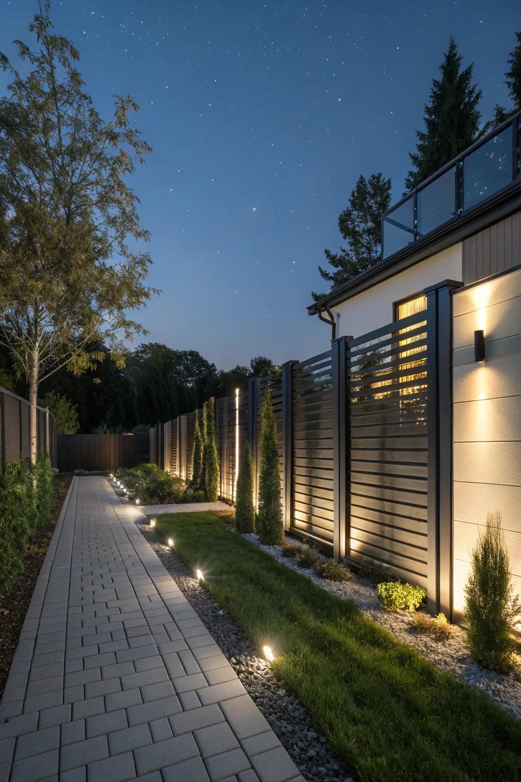 Integrated illumination transforms your fence into a radiant showcase after sunset.