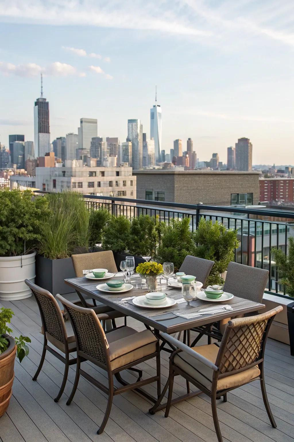 Design a dining sanctuary on your rooftop deck, ideal for meals accompanied by stunning views.