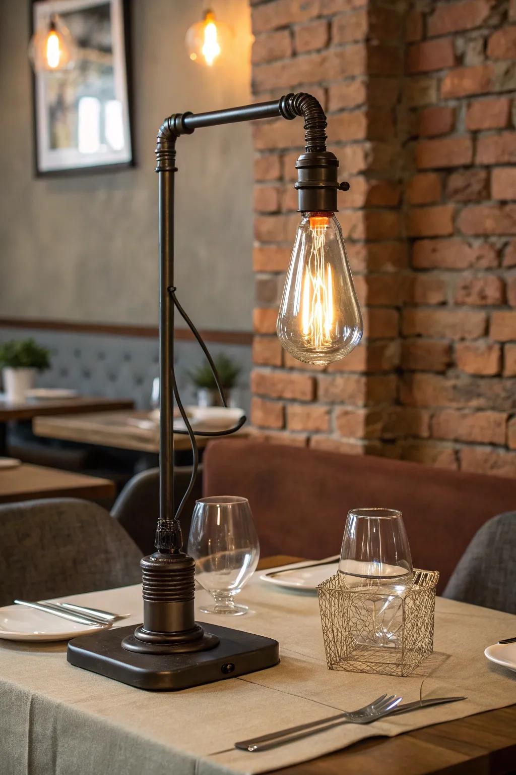Industrial metal table lamp with bare bulb positioned on a restaurant table with brick wall backdrop.