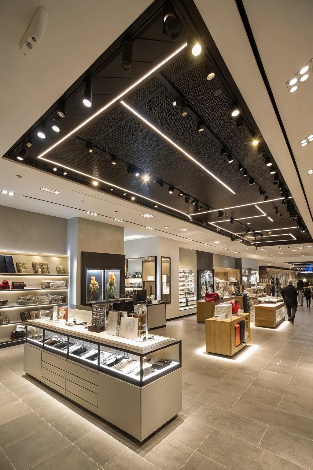 Structural lighting enhancing the store's structural aspects.