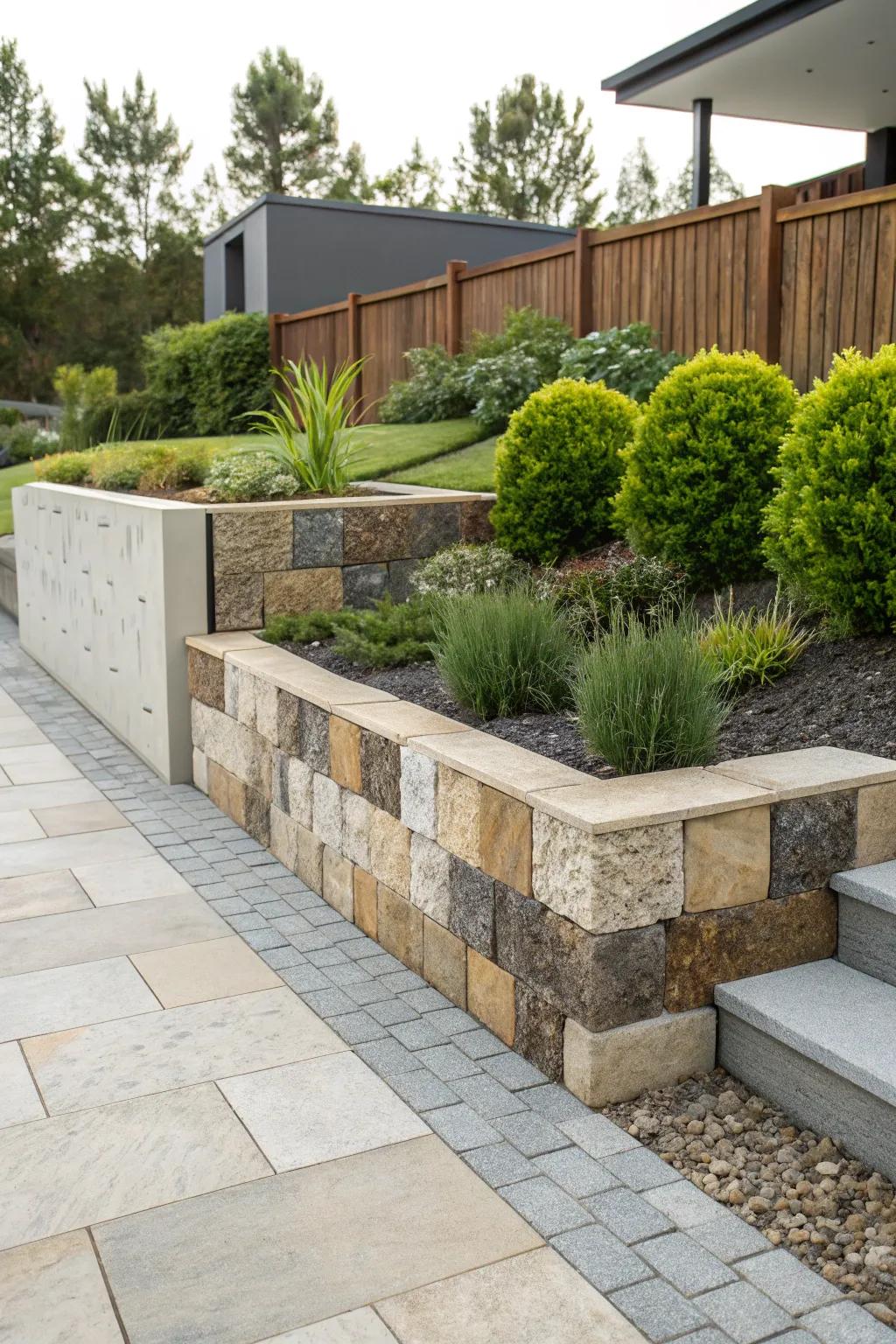 Textured and colored retaining wall blocks adding a modern touch to a garden.