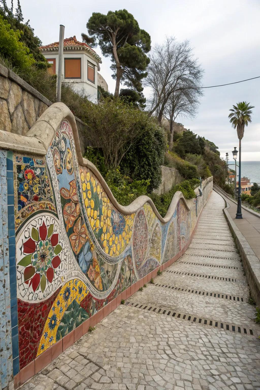 Infuse artistic expression into your retaining wall through mosaic designs.