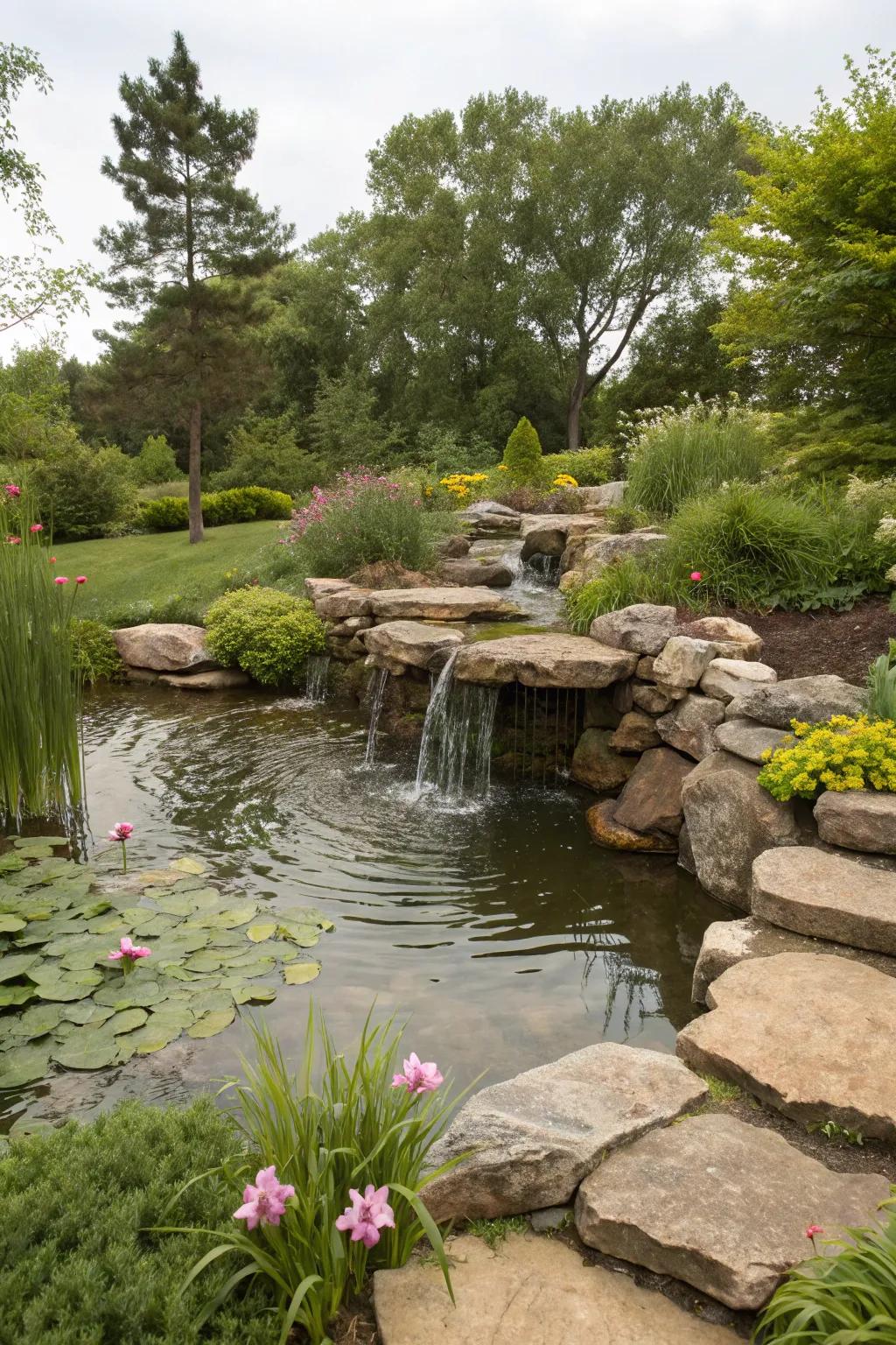 A stone aquatic element infuses calmness and motion into the garden.