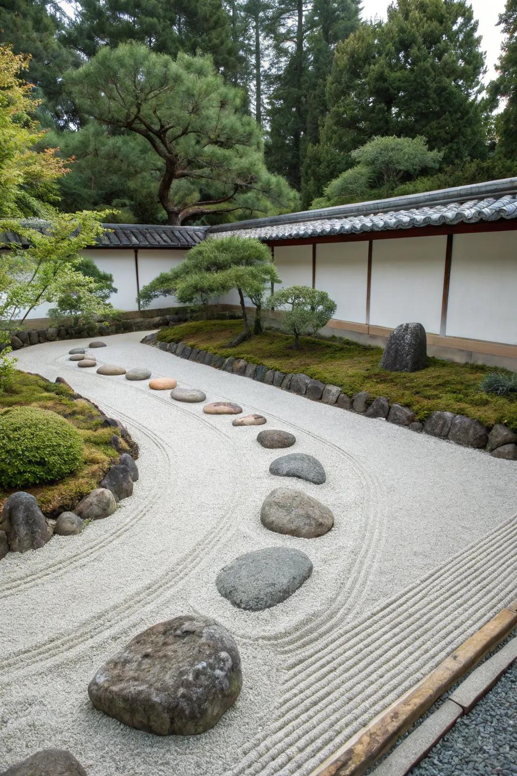 A minimalist Zen rock garden featuring organized rocks and raked gravel.