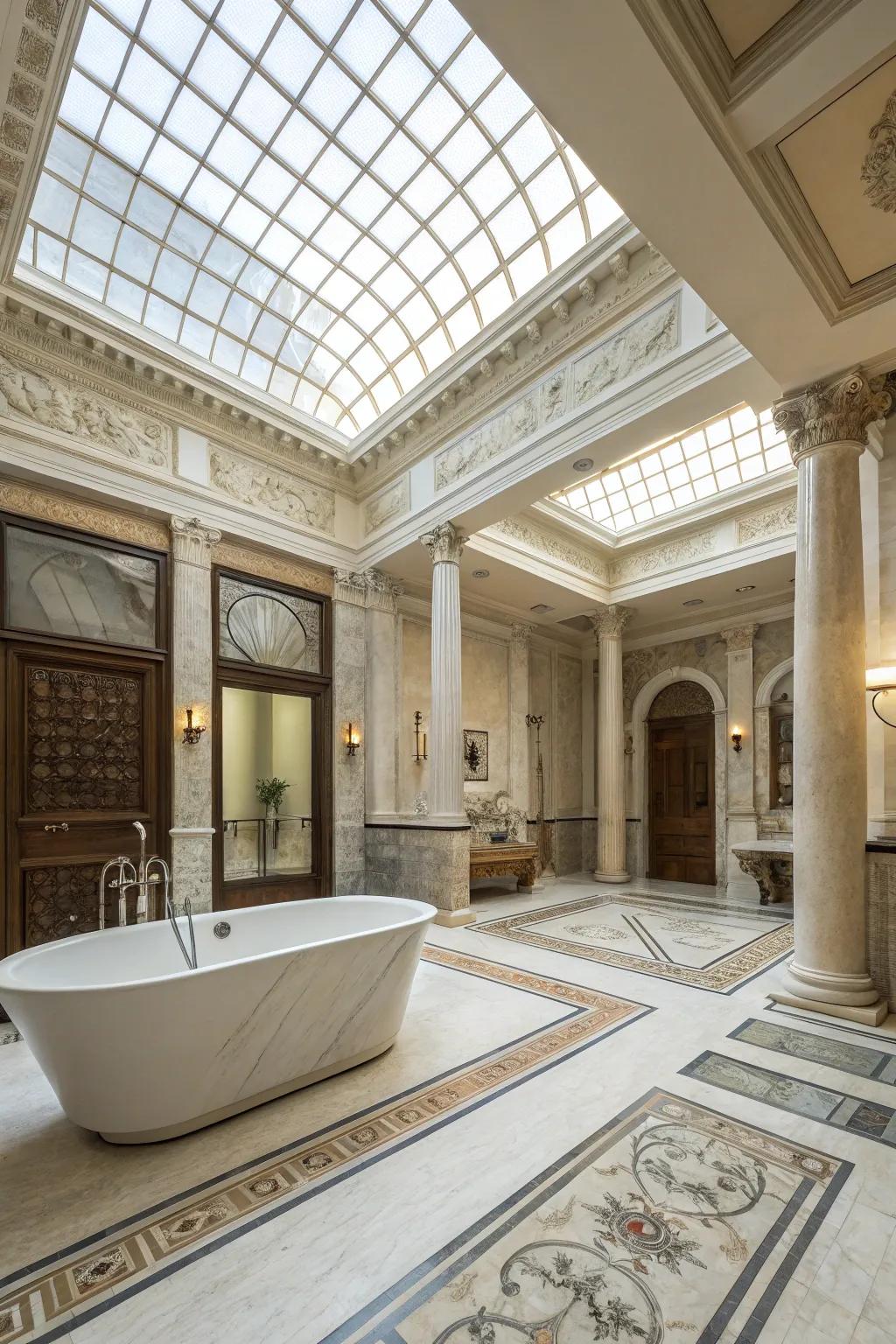 A spacious layout enhances the grandeur of a bathroom inspired by Roman aesthetics.