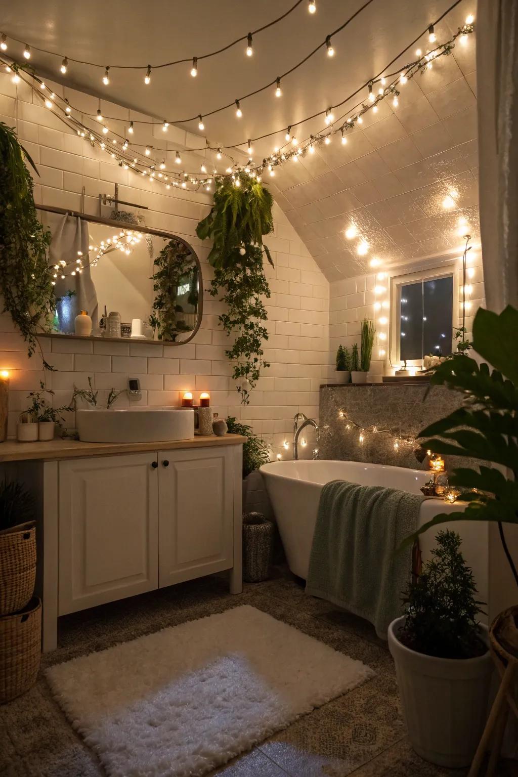 Fairy lights bring a magical element to your romantic bath.