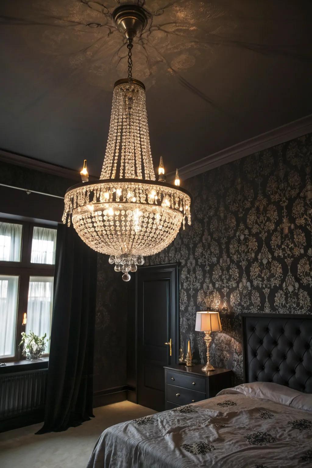 A crystal chandelier stands as a compelling focal point in a gothic-themed boudoir.