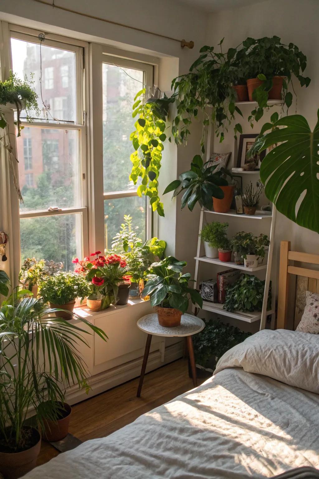 Greenery provides vitality and liveliness to a comfy bedroom.