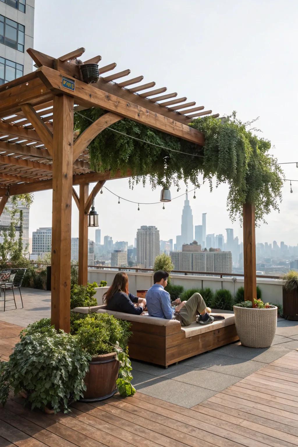 A fashionable and shaded rooftop pergola.