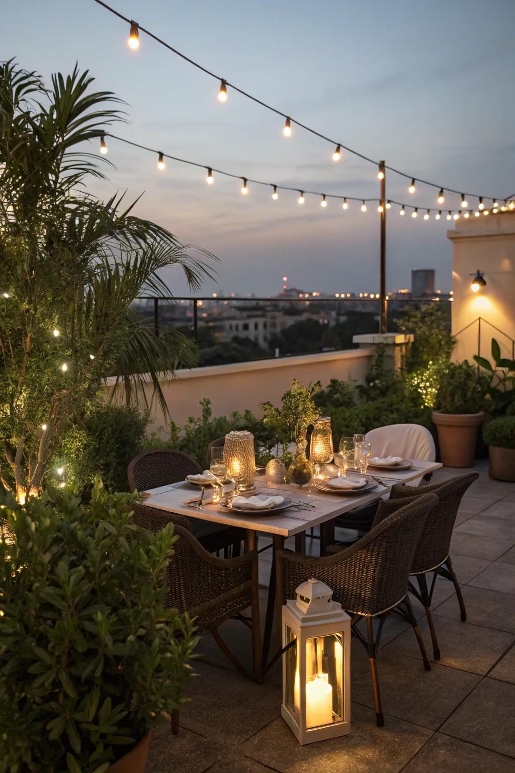 Dine under the stars with a well-arranged rooftop dining area.