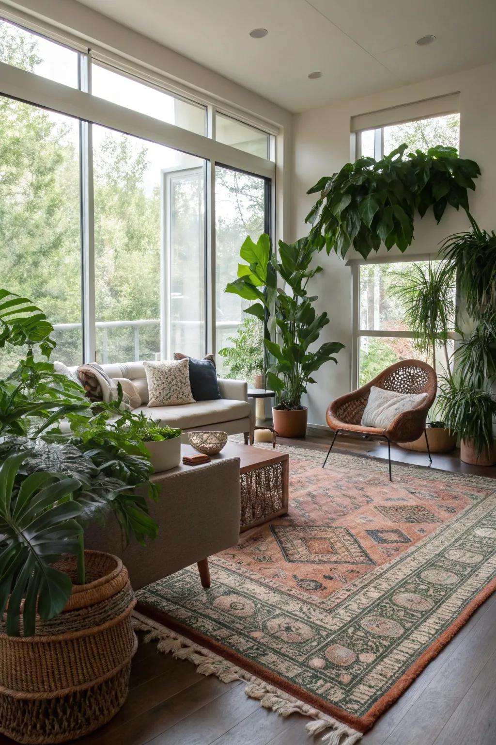 A modern space revitalized with plants and a defining floor covering.