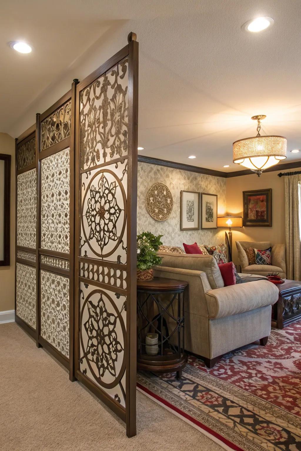 A living room featuring a half wall displaying complex patterns, serving as an artistic divider.