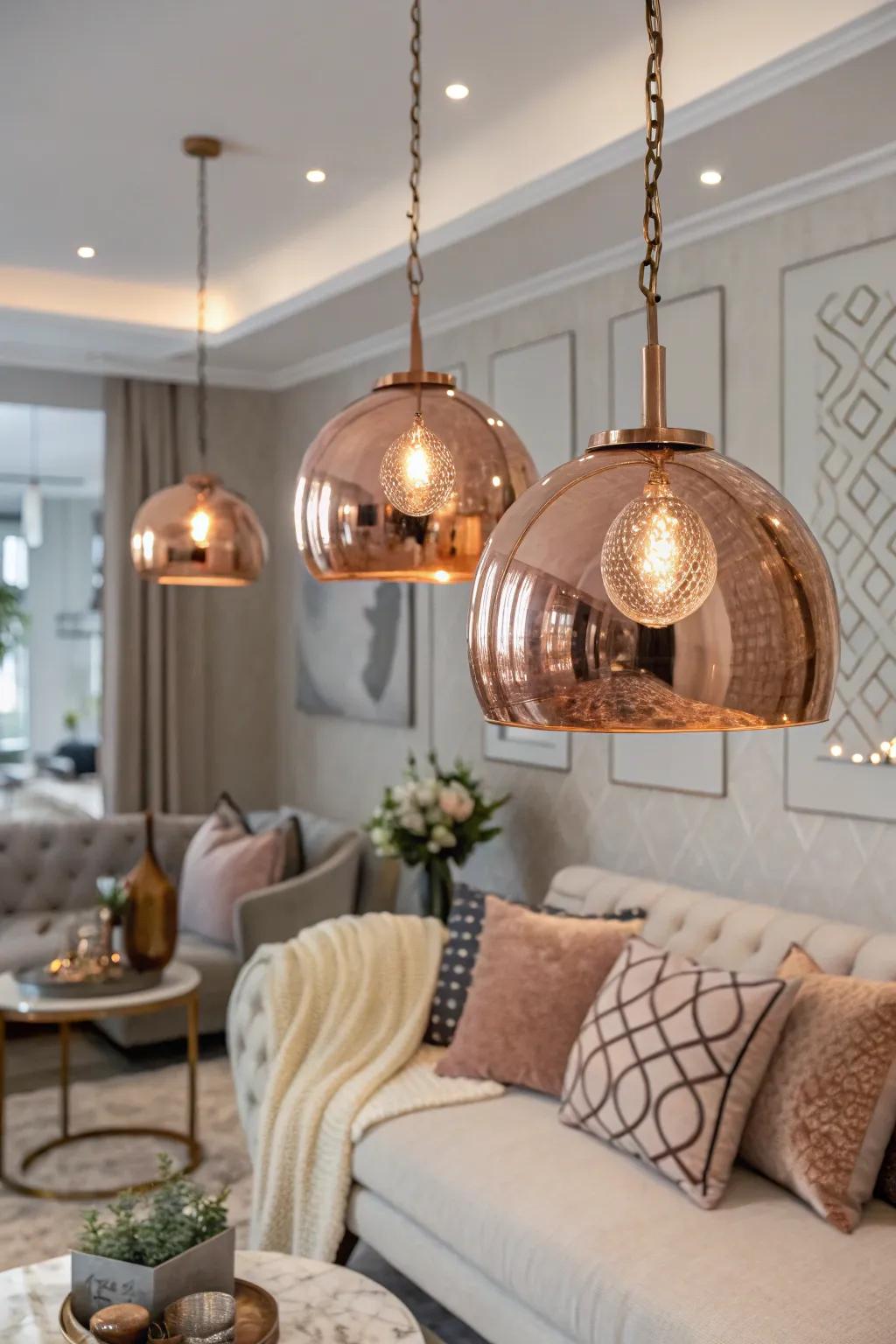 Sunset sheen pendant lights add a stylish and warm light to the area.