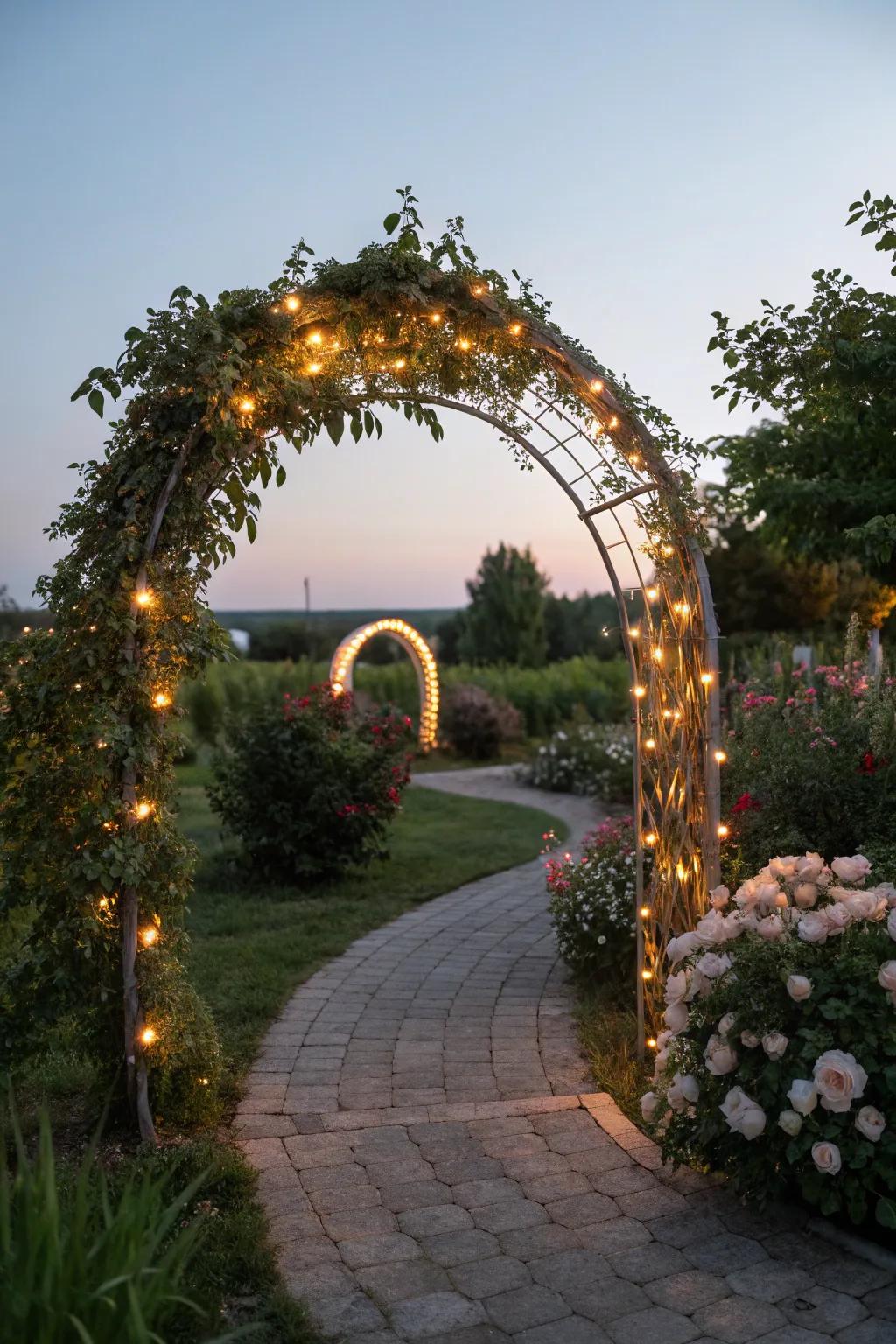 Fairy lights impart a magical shimmer to this curved arch, ideal for nighttime affairs.