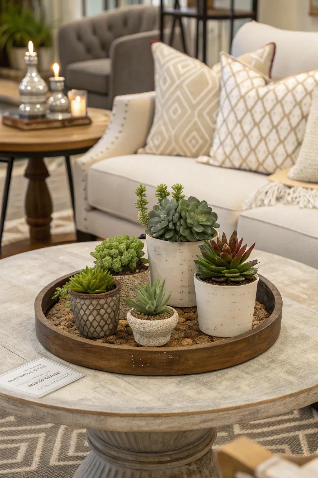 Plants provide a revitalizing touch to your coffee table.