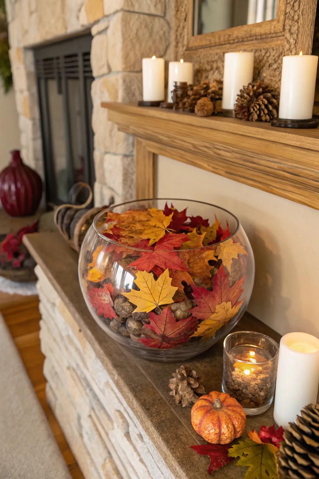 Seasonal features such as autumnal leaves provide a festive feel to clear bowls.