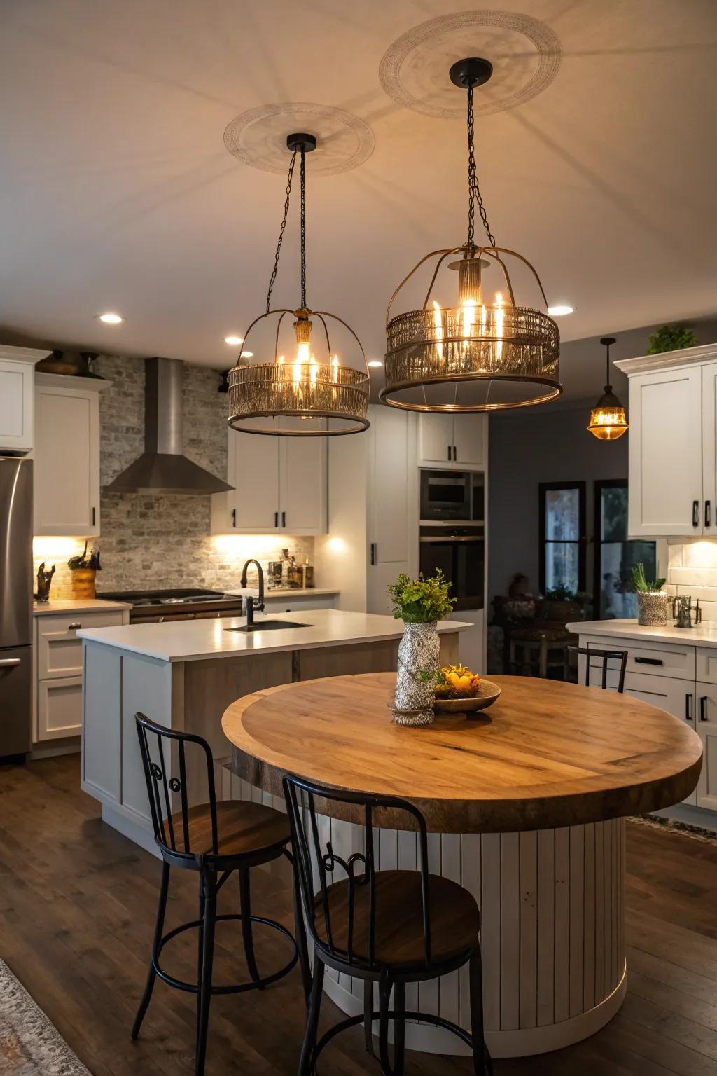 Pendant lighting enhancing refinement and emphasis to a circular kitchen island.