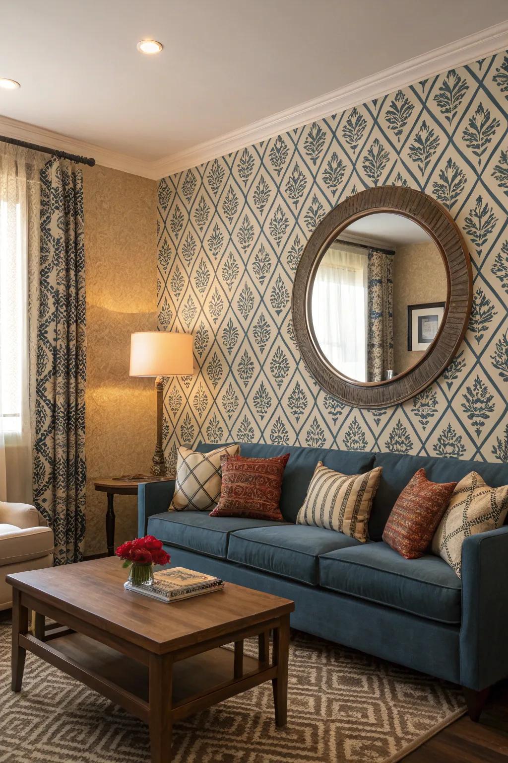 Circular mirror balancing strong patterns in a dynamic living room.