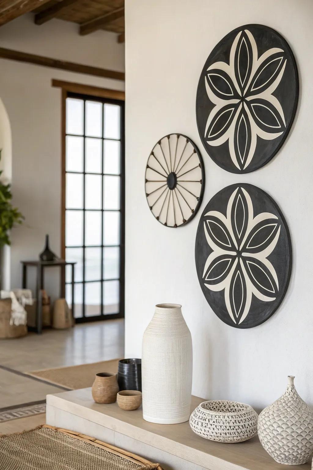 A minimalist interior featuring spherical black and white wall decor for a polished appearance.
