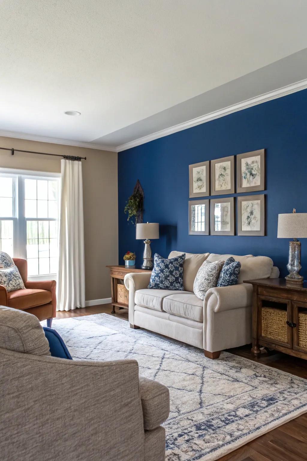 A sapphire accent wall adds depth without overwhelming the space.