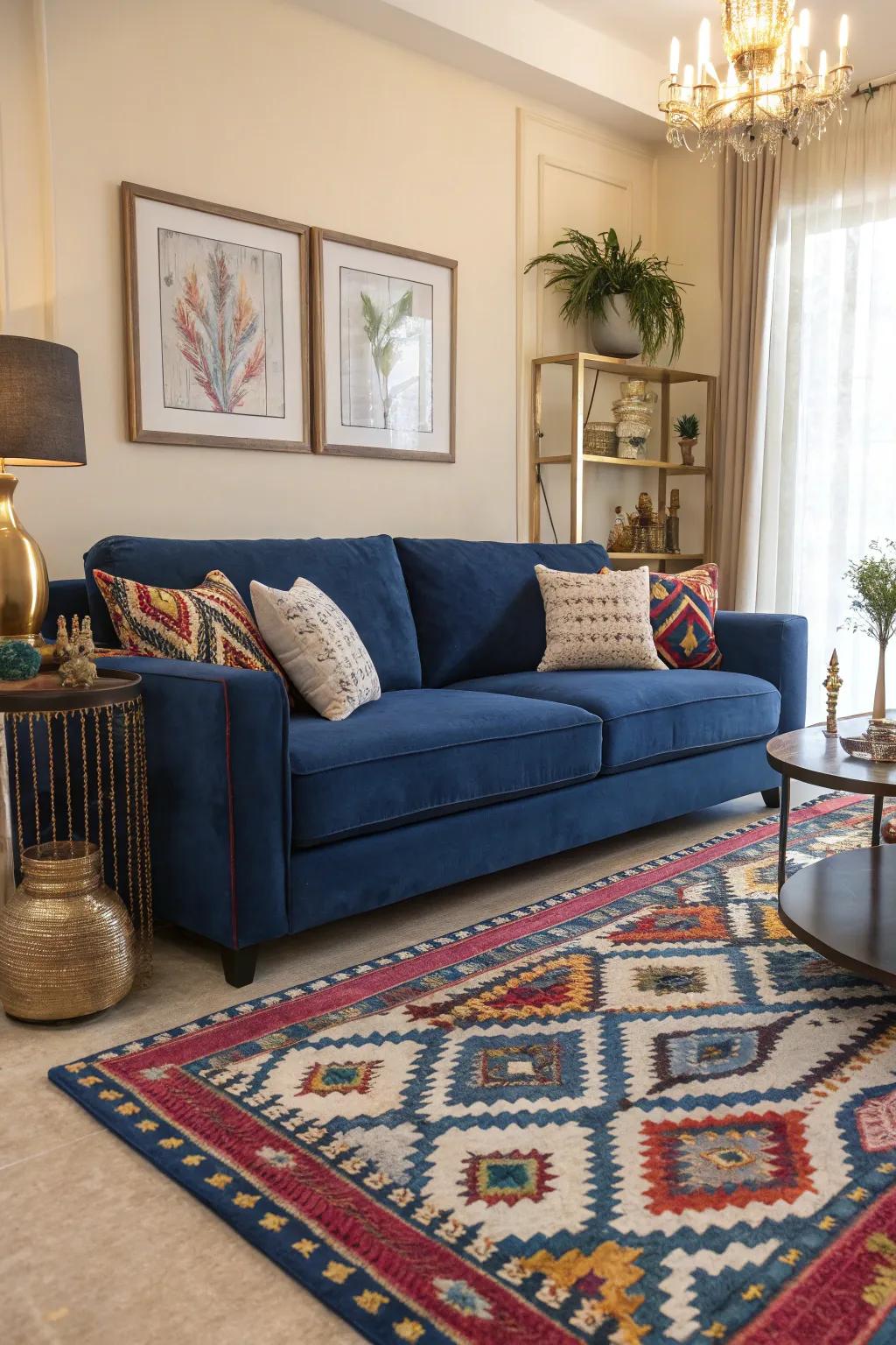 A patterned floor covering enhances the sapphire-colored couch, adding warmth and texture to the area.