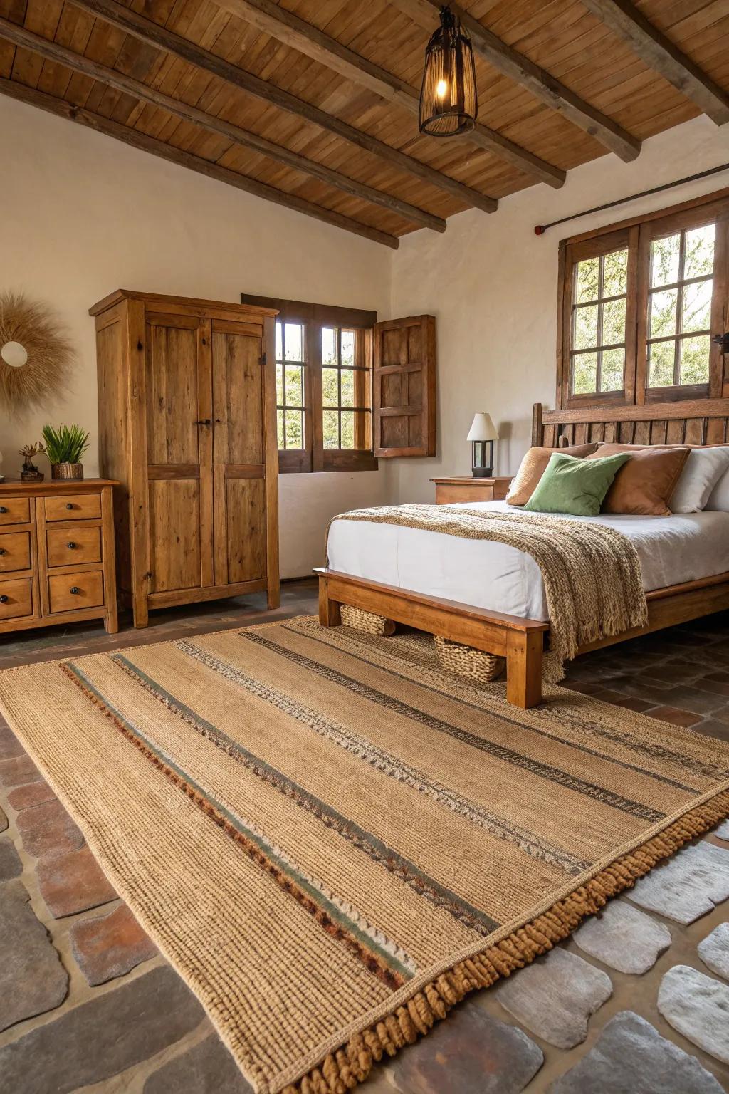 Welcome the essence of nature with bedroom rugs themed around rustic elements.
