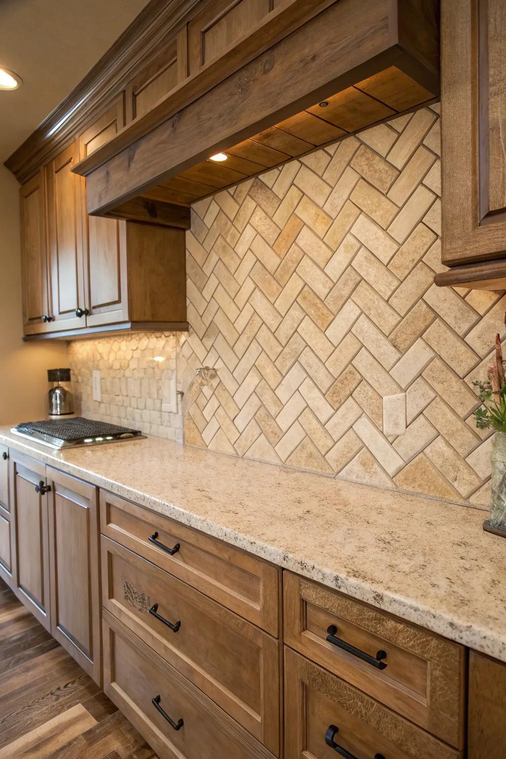 Zigzag arrangements inject an energetic element into rustic kitchens.