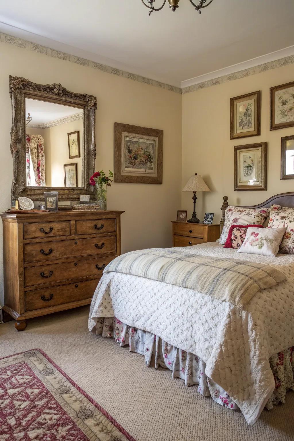 Vintage accents add a distinct charm to this rustic bedroom.