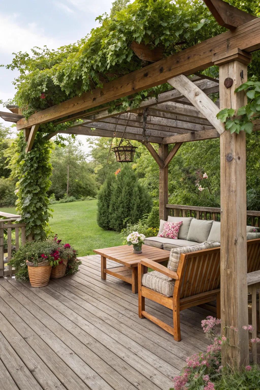This alfresco area gains refinement and shade from a timber trellis.