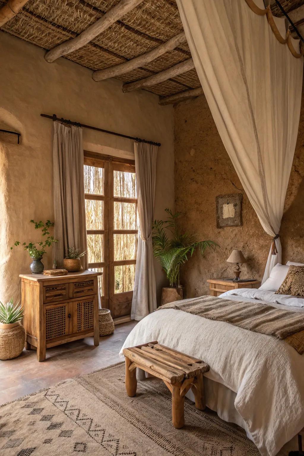 A bedroom showcasing natural pigments and organic elements.