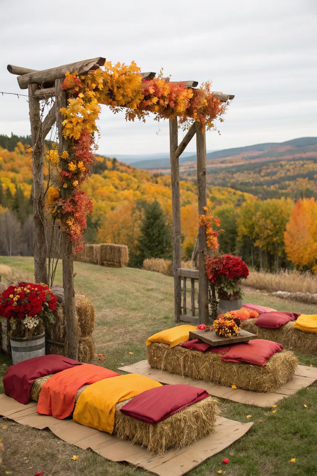 Bundled hay delivers countryside charm and utilitarian seating.