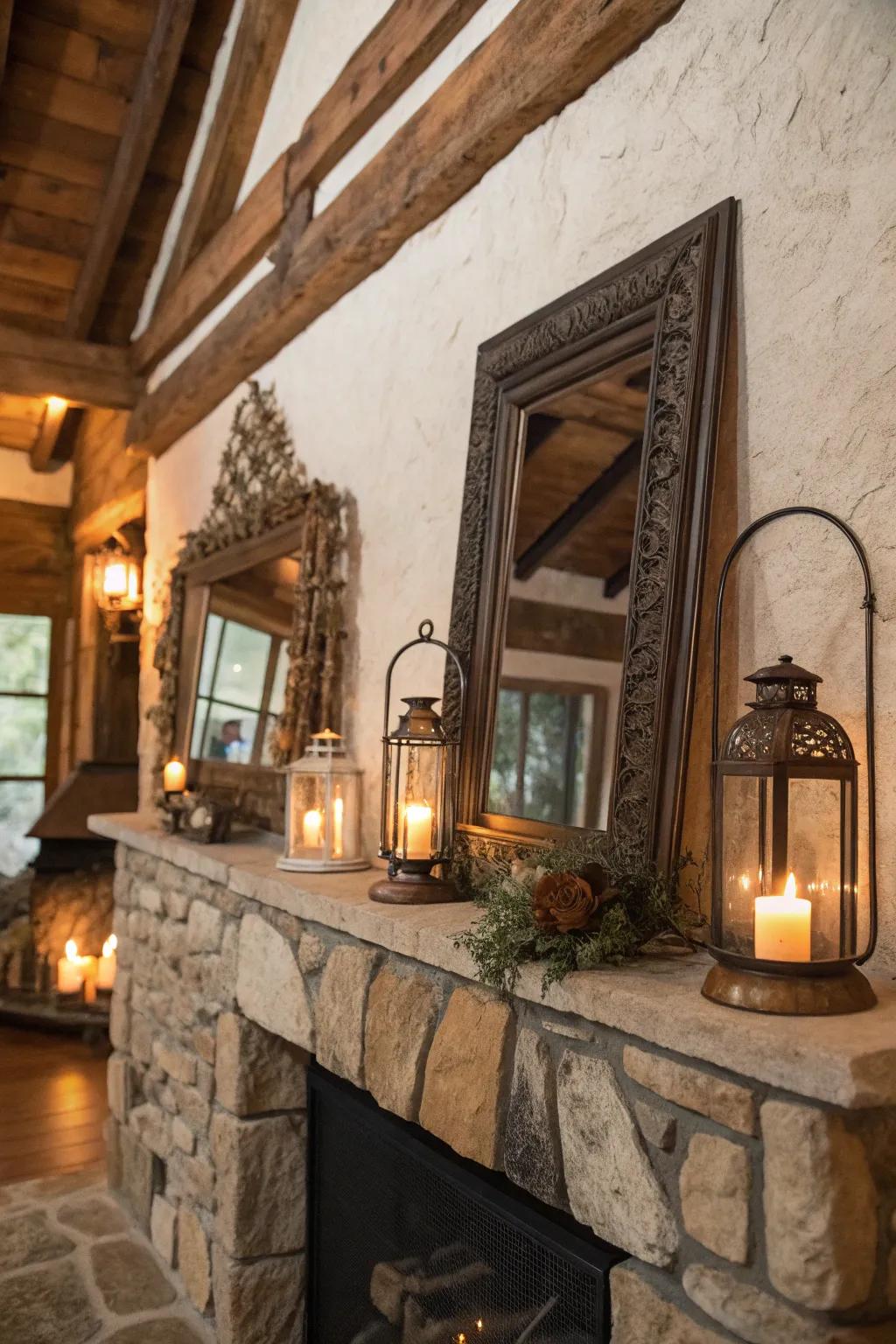 Vintage accents include charisma and individuality to this countryside fireplace.