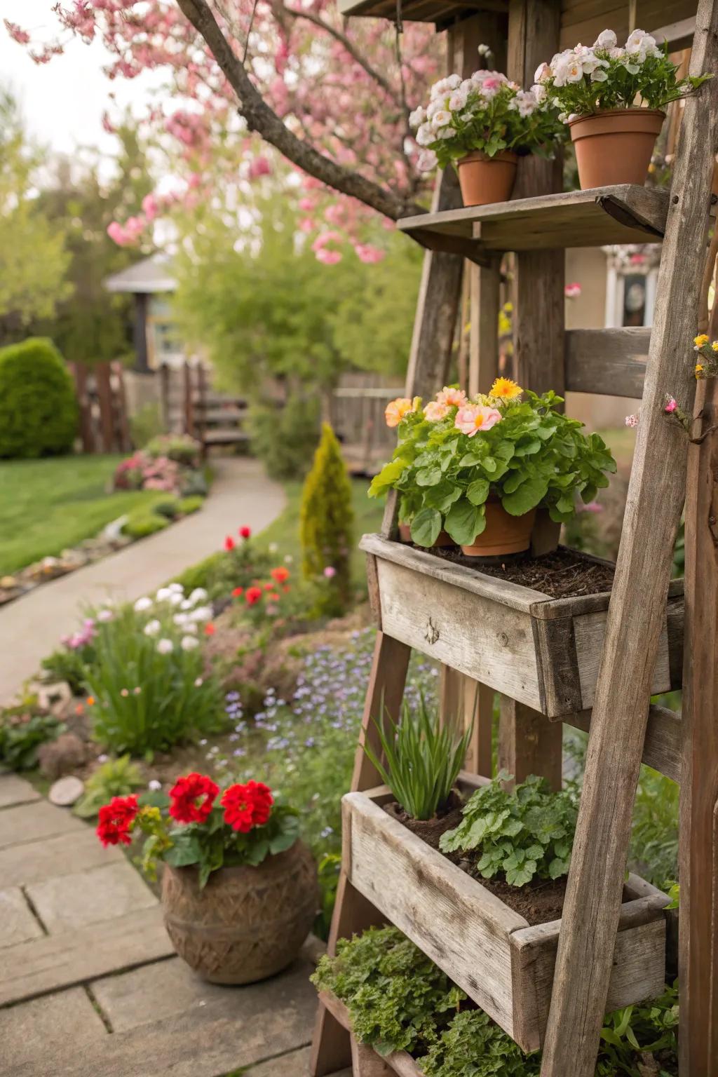 Shelves of reclaimed timber put plants on display in a down-to-earth garden.