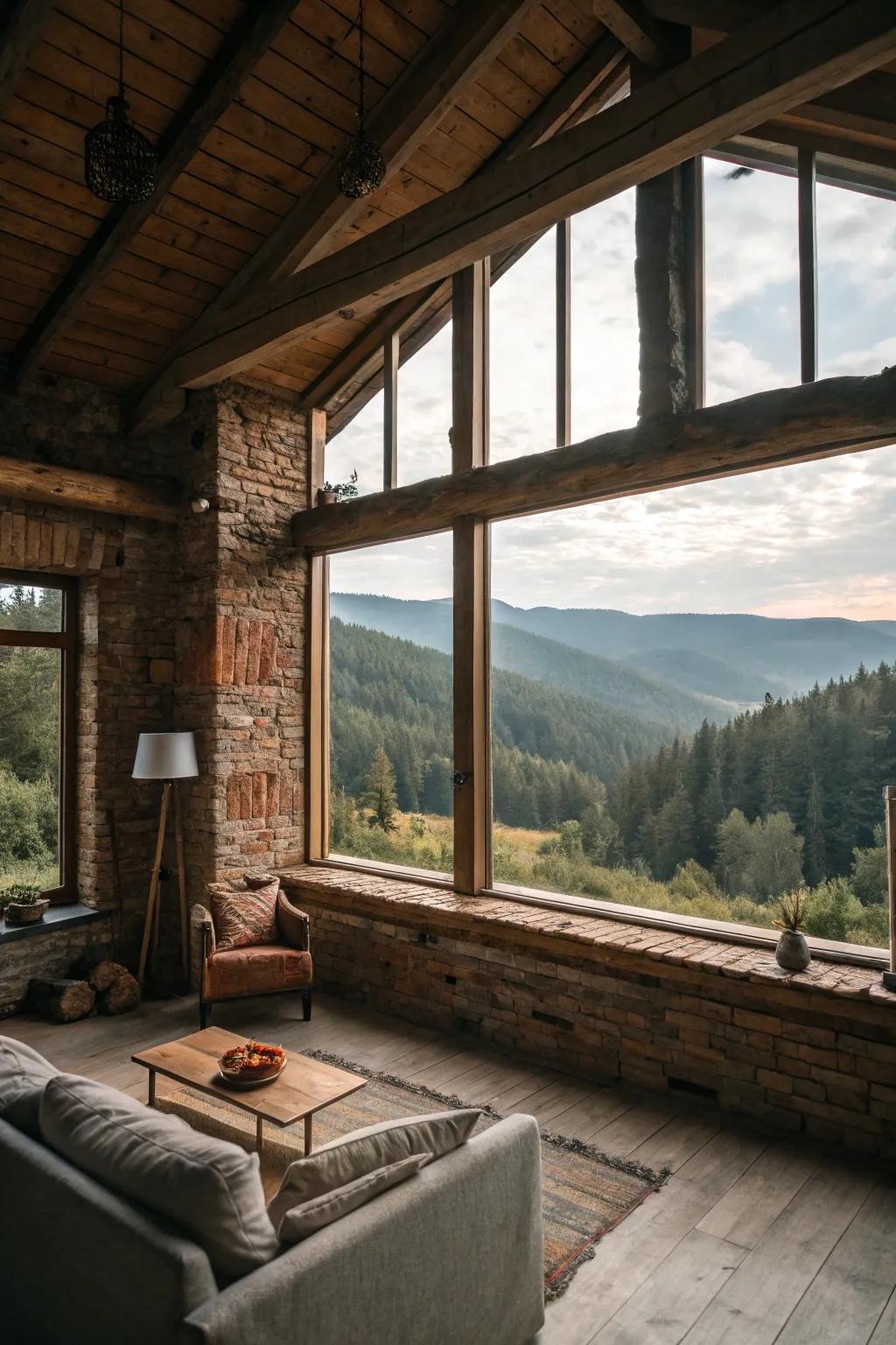 Broad windows enabling natural light to illuminate a rustic environment.