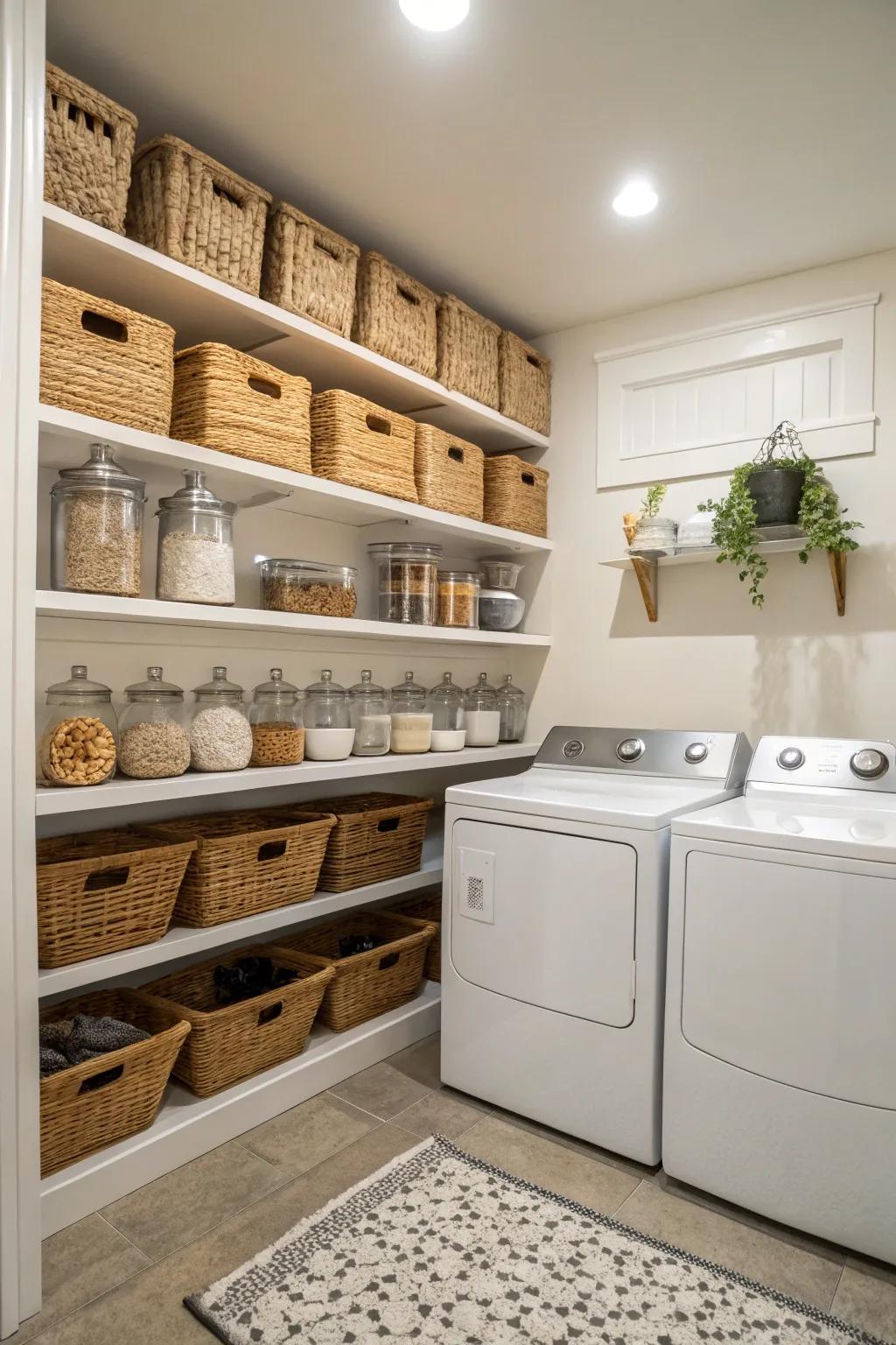 Display shelves provide accessible storage and a hint of countryside refinement.