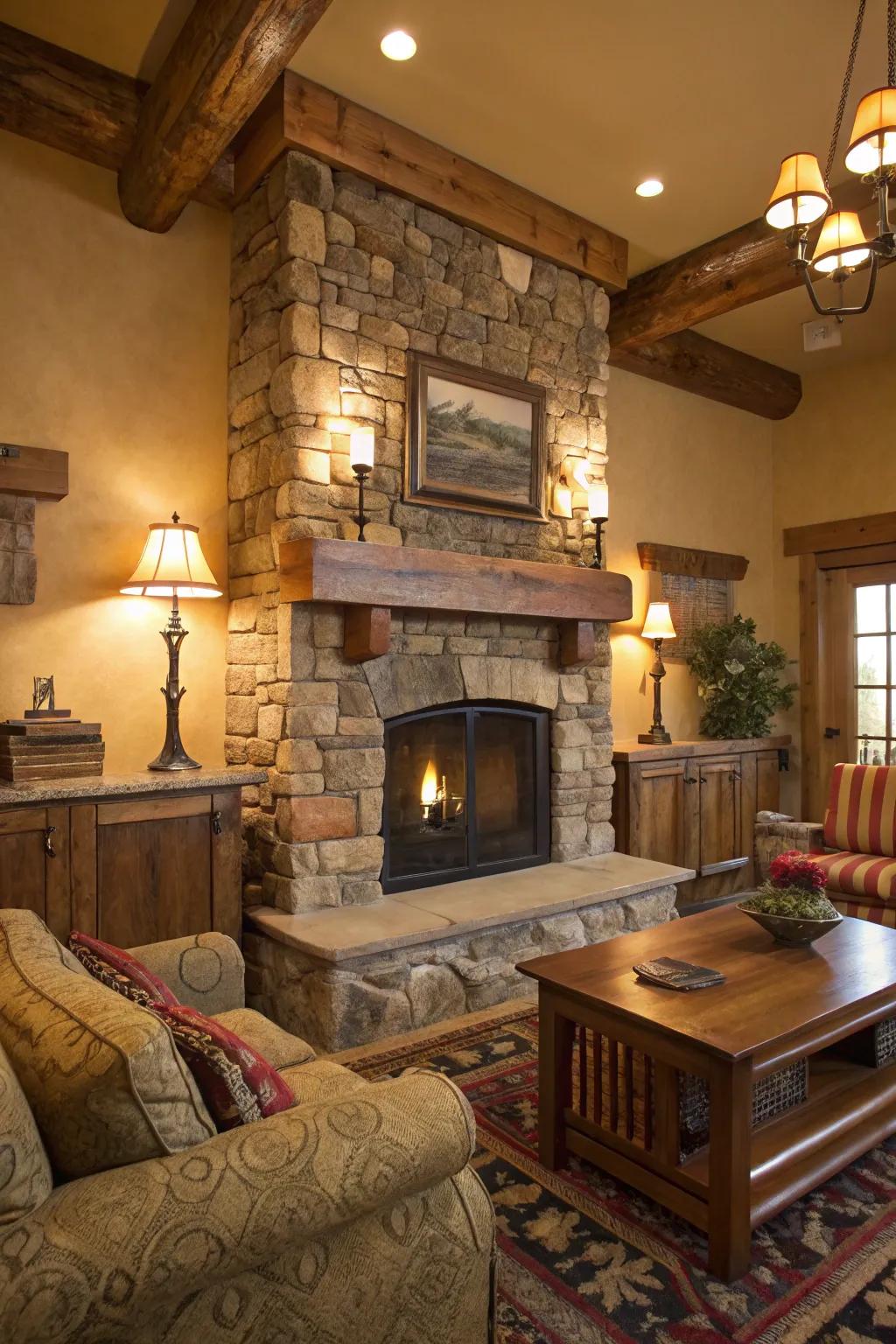 The stone aggregate hearth and toasty illumination construct a snug, cabin-esque atmosphere.