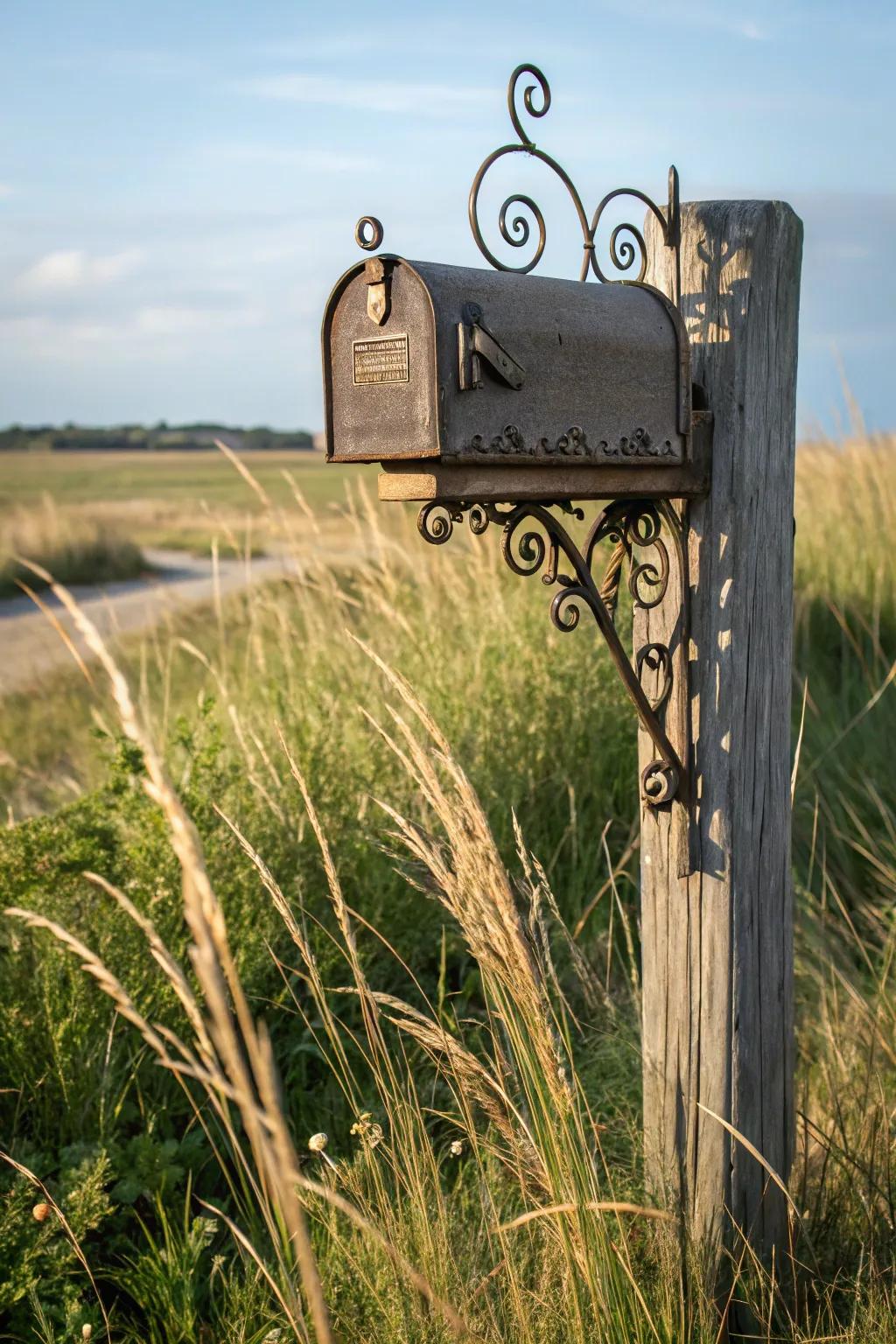 Metallic elements infuse a hint of vintage beauty into this mailbox support.