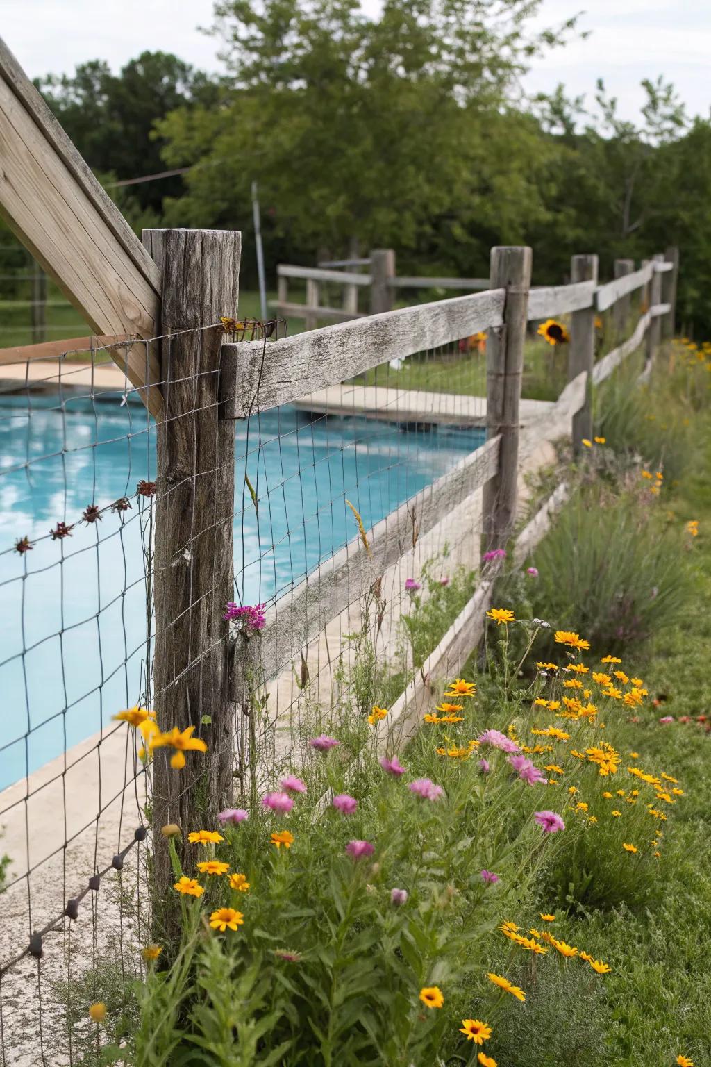 A split-log fence injecting countryside charm into the poolside.