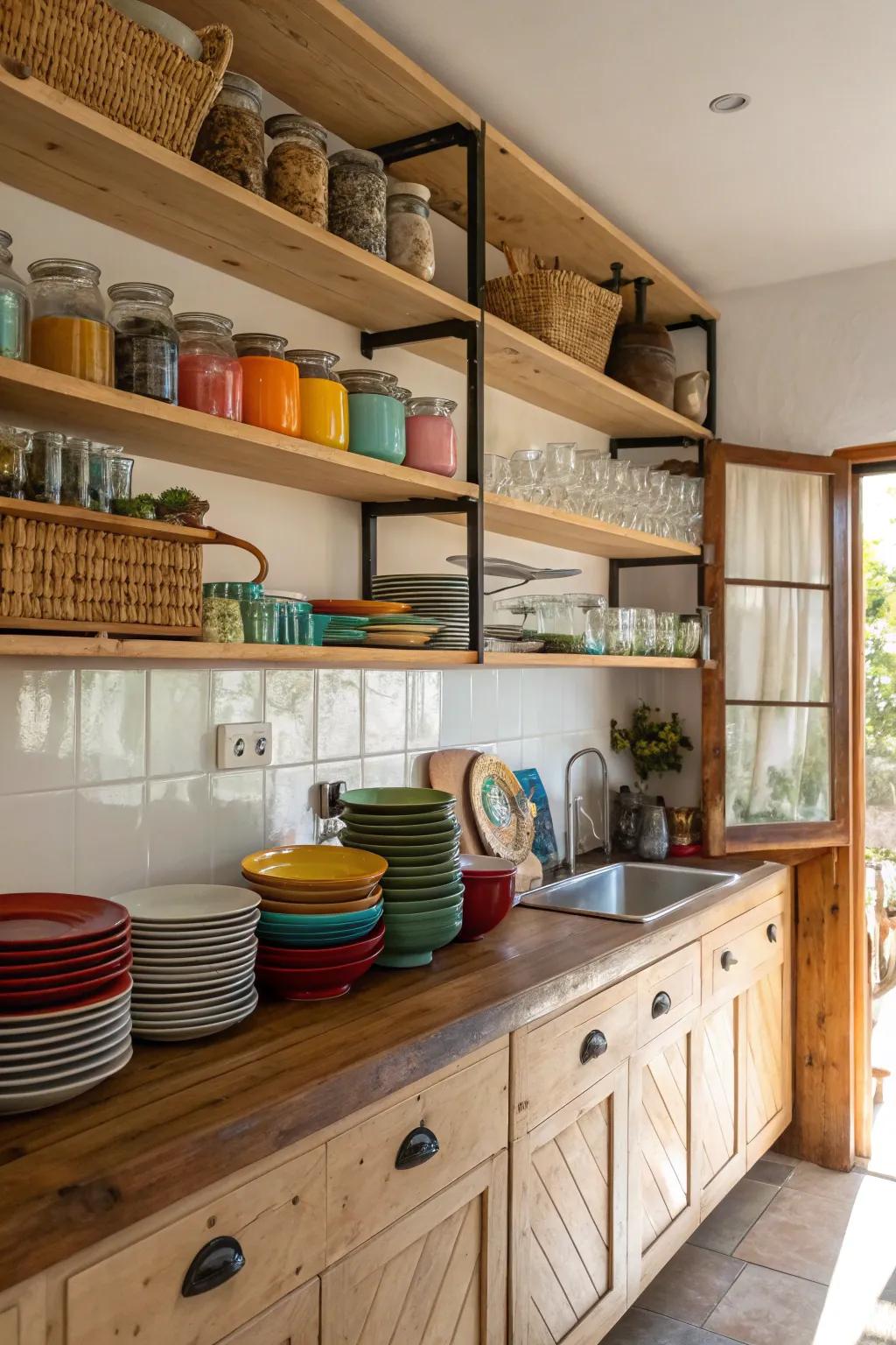 Exposed shelving enriches a small kitchen with character and practicality.