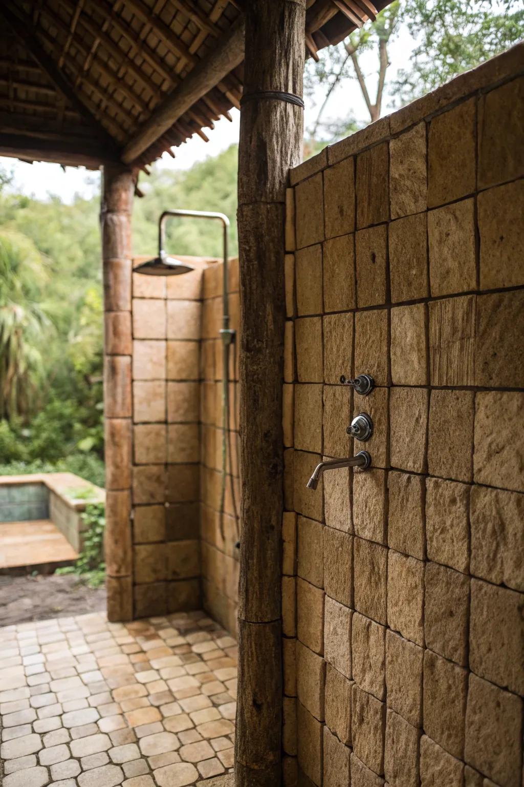 Textured tiling adds dimension and a hint of nature to this countryside-inspired shower.